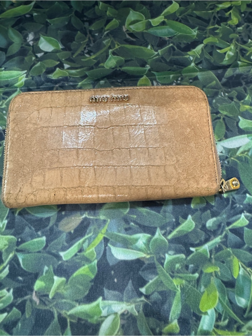 Miu Miu Croc-Embossed Zip-Around Wallet in Beige